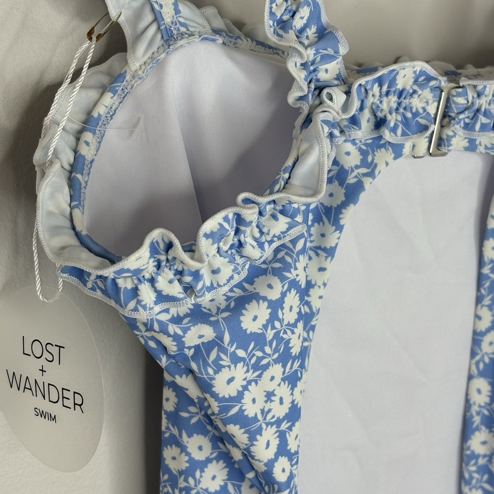 Lost +‎ Wander One Piece Swimsuit Retro Ditzy Floral Blue Ruffle Cut Out Beach - Picture 6 of 10